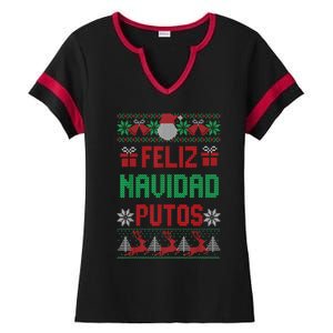 Feliz Navidad Putos Ugly Mexican Christmas Sweater Funny Ladies Halftime Notch Neck Tee