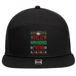 Feliz Navidad Putos Ugly Mexican Christmas Sweater Funny 7 Panel Mesh Trucker Snapback Hat