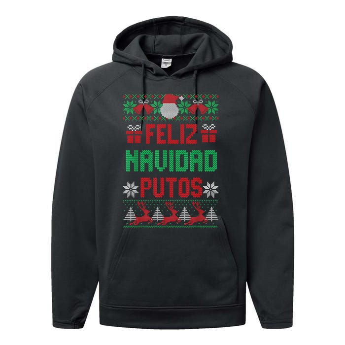 Feliz Navidad Putos Ugly Mexican Christmas Sweater Funny Performance Fleece Hoodie