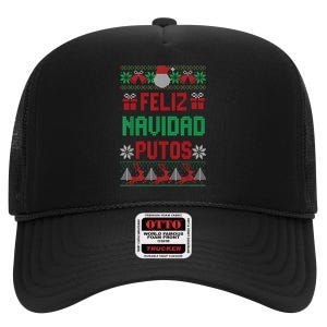 Feliz Navidad Putos Ugly Mexican Christmas Sweater Funny High Crown Mesh Back Trucker Hat