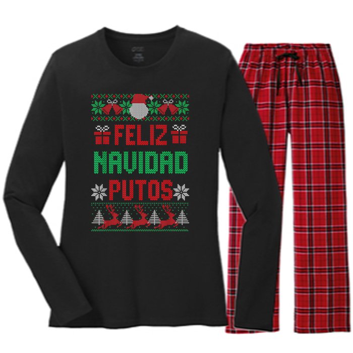 Feliz Navidad Putos Ugly Mexican Christmas Sweater Funny Women's Long Sleeve Flannel Pajama Set 