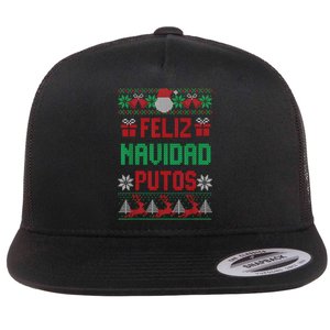 Feliz Navidad Putos Ugly Mexican Christmas Sweater Funny Flat Bill Trucker Hat