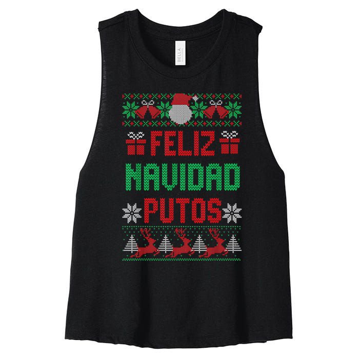 Feliz Navidad Putos Ugly Mexican Christmas Sweater Funny Women's Racerback Cropped Tank