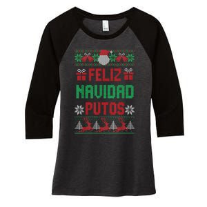 Feliz Navidad Putos Ugly Mexican Christmas Sweater Funny Women's Tri-Blend 3/4-Sleeve Raglan Shirt