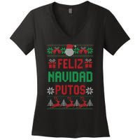 Feliz Navidad Putos Ugly Mexican Christmas Sweater Funny Women's V-Neck T-Shirt