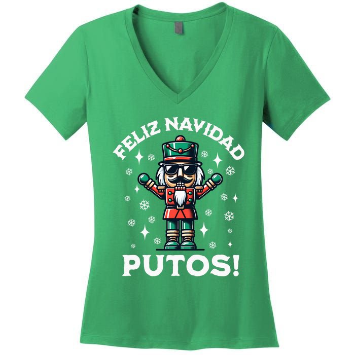 Feliz Navidad Putos Nutcracker Funny Christmas Women's V-Neck T-Shirt