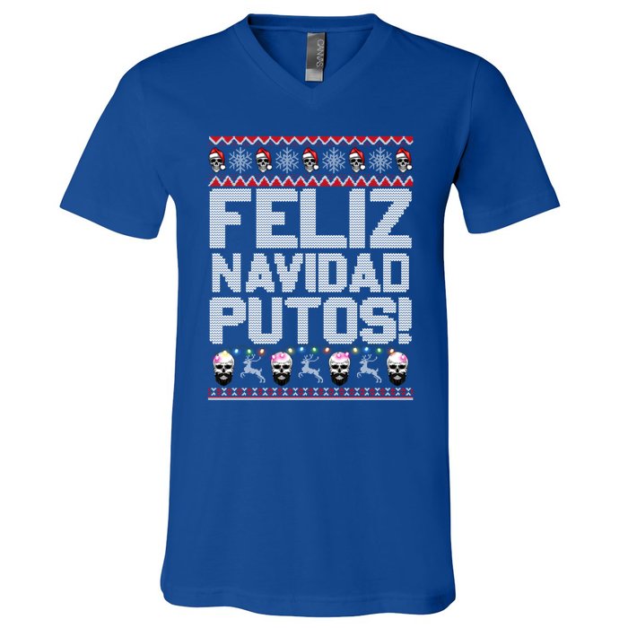 Feliz Navidad Putos Funny Mexican Ugly Christmas Party Gift Cute Gift V-Neck T-Shirt