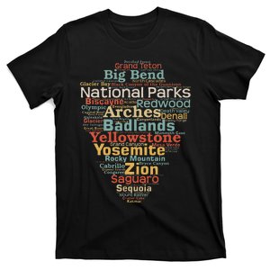 funny National Parks List Word Cloud Camping Hiking T-Shirt