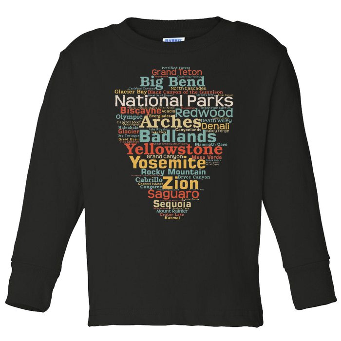 funny National Parks List Word Cloud Camping Hiking Toddler Long Sleeve Shirt