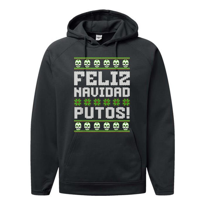 Feliz Navidad Putos Mexican Ugly Christmas Sweater Funny Performance Fleece Hoodie