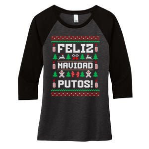 Feliz Navidad Putos Funny Christmas Sweater Design Women's Tri-Blend 3/4-Sleeve Raglan Shirt