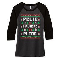 Feliz Navidad Putos Funny Christmas Sweater Design Women's Tri-Blend 3/4-Sleeve Raglan Shirt