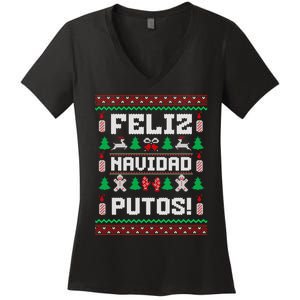 Feliz Navidad Putos Funny Christmas Sweater Design Women's V-Neck T-Shirt