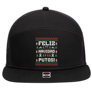 Feliz Navidad Putos Funny Mexican Christmas Sweater Design Sweatshirt 7 Panel Mesh Trucker Snapback Hat