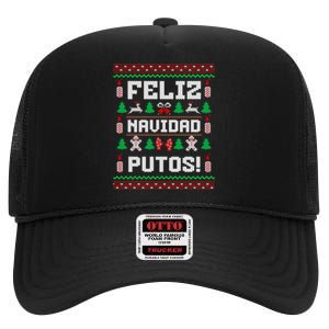 Feliz Navidad Putos Funny Mexican Christmas Sweater Design Sweatshirt High Crown Mesh Back Trucker Hat