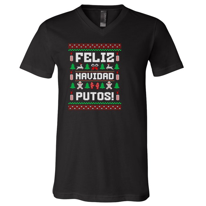 Feliz Navidad Putos Funny Mexican Christmas Sweater Design Sweatshirt V-Neck T-Shirt