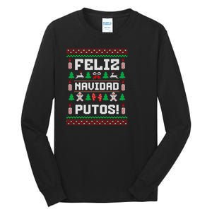 Feliz Navidad Putos Funny Mexican Christmas Sweater Design Sweatshirt Tall Long Sleeve T-Shirt