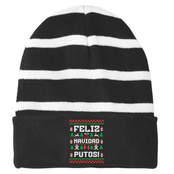 Feliz Navidad Putos Funny Mexican Christmas Sweater Design Sweatshirt Striped Beanie with Solid Band