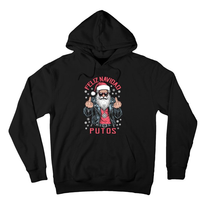 Feliz Navidad Putos Funny Rude Spanish Santa Middle Finger Hoodie