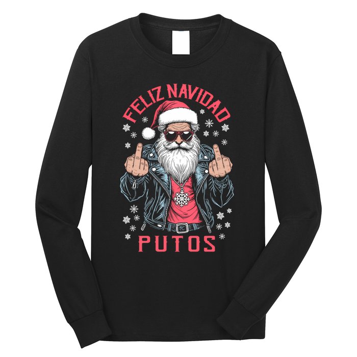 Feliz Navidad Putos Funny Rude Spanish Santa Middle Finger Long Sleeve Shirt