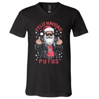 Feliz Navidad Putos Funny Rude Spanish Santa Middle Finger V-Neck T-Shirt