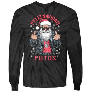 Feliz Navidad Putos Funny Rude Spanish Santa Middle Finger Tie-Dye Long Sleeve Shirt