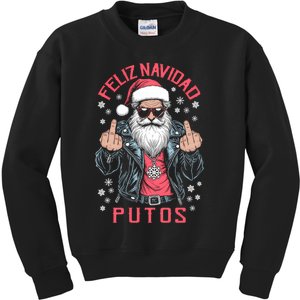 Feliz Navidad Putos Funny Rude Spanish Santa Middle Finger Kids Sweatshirt