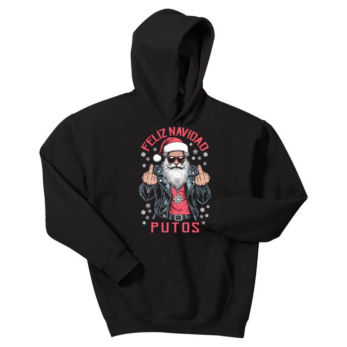 Feliz Navidad Putos Funny Rude Spanish Santa Middle Finger Kids Hoodie