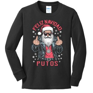 Feliz Navidad Putos Funny Rude Spanish Santa Middle Finger Kids Long Sleeve Shirt