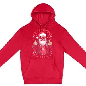 Feliz Navidad Putos Funny Rude Spanish Santa Middle Finger Premium Pullover Hoodie