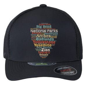 Funny National Parks List Word Cloud Camping Hiking Gift Flexfit Unipanel Trucker Cap