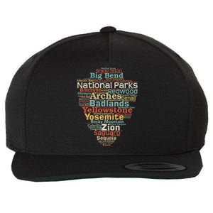 Funny National Parks List Word Cloud Camping Hiking Gift Wool Snapback Cap