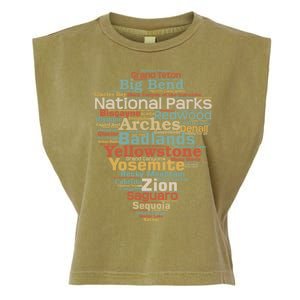 Funny National Parks List Word Cloud Camping Hiking Gift Garment-Dyed Women's Muscle Tee