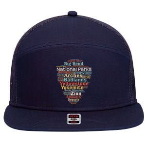 Funny National Parks List Word Cloud Camping Hiking Gift 7 Panel Mesh Trucker Snapback Hat