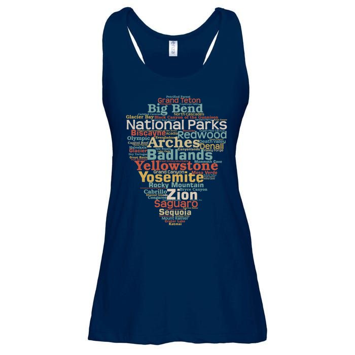 Funny National Parks List Word Cloud Camping Hiking Gift Ladies Essential Flowy Tank