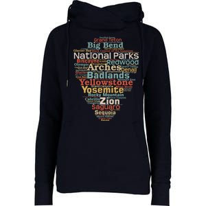 Funny National Parks List Word Cloud Camping Hiking Gift Womens Funnel Neck Pullover Hood