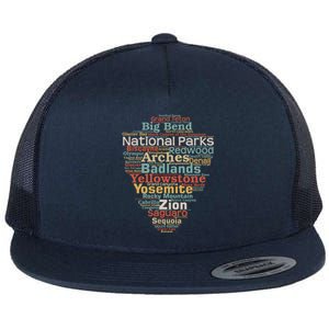 Funny National Parks List Word Cloud Camping Hiking Gift Flat Bill Trucker Hat