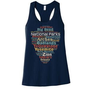 Funny National Parks List Word Cloud Camping Hiking Gift Women's Racerback Tank