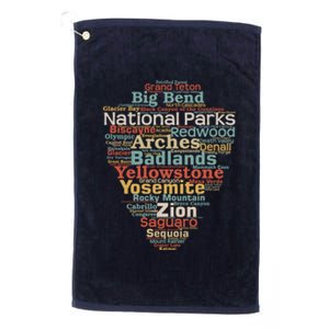 Funny National Parks List Word Cloud Camping Hiking Gift Platinum Collection Golf Towel