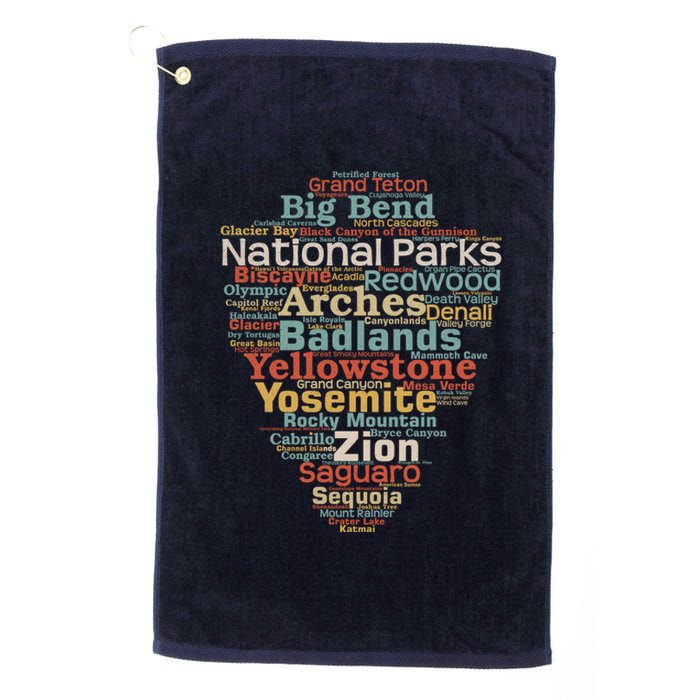 Funny National Parks List Word Cloud Camping Hiking Gift Platinum Collection Golf Towel