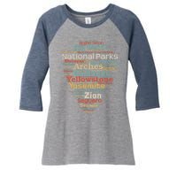 Funny National Parks List Word Cloud Camping Hiking Gift Women's Tri-Blend 3/4-Sleeve Raglan Shirt