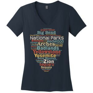 Funny National Parks List Word Cloud Camping Hiking Gift Women's V-Neck T-Shirt