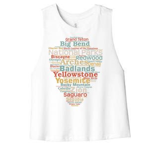 Funny National Parks List Word Cloud Camping Hiking Gift Women's Racerback Cropped Tank