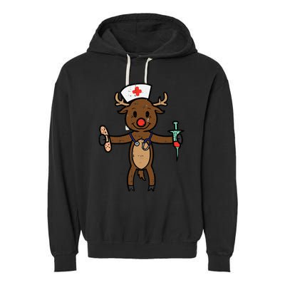 Festive Nurse Reindeer Holiday Humor for Nurses Garment-Dyed Fleece Hoodie