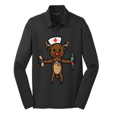 Festive Nurse Reindeer Holiday Humor for Nurses Silk Touch Performance Long Sleeve Polo