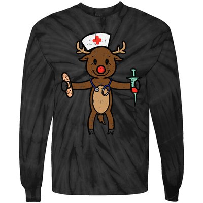 Festive Nurse Reindeer Holiday Humor for Nurses Tie-Dye Long Sleeve Shirt