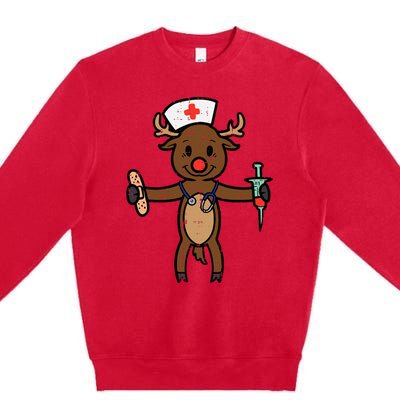 Festive Nurse Reindeer Holiday Humor for Nurses Premium Crewneck Sweatshirt