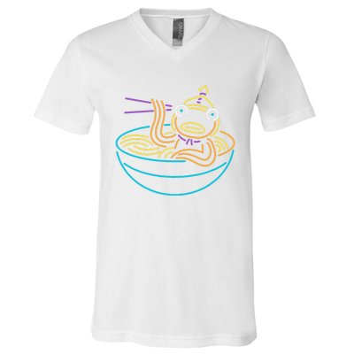 Fishstick Neon Ramen Bowl Center Icon V-Neck T-Shirt