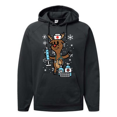 Festive Nurse Reindeer Holiday Humor for Nurses Performance Fleece Hoodie