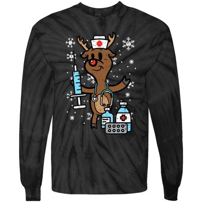 Festive Nurse Reindeer Holiday Humor for Nurses Tie-Dye Long Sleeve Shirt